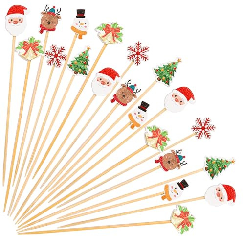 Gleevio 100 Stück Weihnachten Cocktailspieße,Hölzerne Cocktail Zahnstocher,12cm Holzspieße Weihnachten Fingerfood Spieße,Weihnachtsmann Schneeflocken Weihnachtsbaum Spieße Weihnachtsspieße Käsespieße