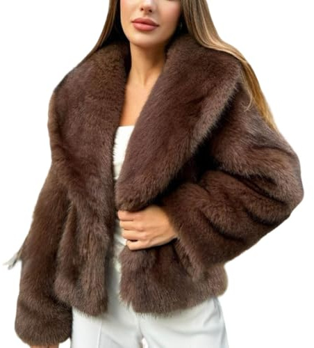 Generisch - Cappotto in pelliccia sintetica da donna, giacca soffice a maniche lunghe con revers, pelliccia invernale, parka shaggy, cappotto corto vintage, felpa elegante tinta unita, giacca casual