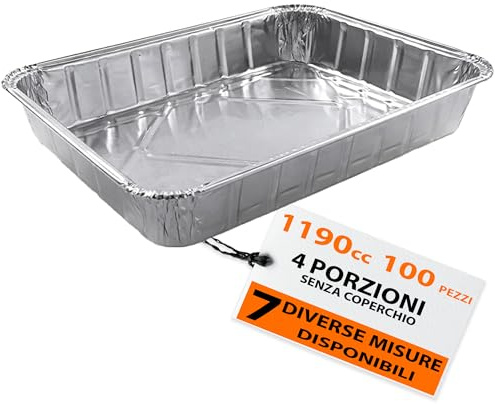 G.M. DISTRIBUZIONE GM – 100 Contenitori in Alluminio 4 Porzioni 1190 cc Senza Coperchio, Vaschette Rettangolari per Forno e Congelatore, Gastronomia e Asporto – 22,7×17,7×3,6h cm