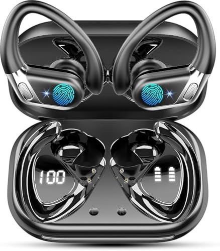 Bluetooth 5.4 Kopfhörer Sport, In Ear Kopfhörer Kabellos Bluetooth mit 4 ENC Noise Cancelling Mics, 50Std HiFi Stereo Bass Ohrhörer mit Ohrhaken, IPX7 Wasserdicht Earbuds für Sport, LED-Anzeige USB-C