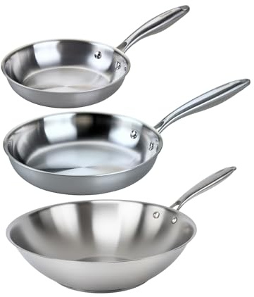 Fackelmann Vita3 Set de Sartenes, incluye Sartén 20 cm y 24 cm y Wok 28 cm, Acero Inoxidable Triply sin Antiadherente, Libre de PFA, Aptas Inducción y todo tipo de Cocinas, Aptas Lavavajillas