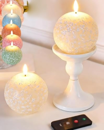 Flameless Spring Carved Spheres,LED Flickering Candles with Remote & Timer Control,Electric Battery Operated Candle, Artificial Fake Realistic Light up Candles (Beige)
