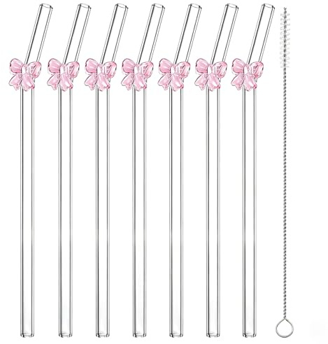 7 cannucce lunghe in vetro con motivo a fiocco, cannucce riutilizzabili in vetro borosilicato, con spazzola per cannuccia, ideali per frullati, succhi e cocktail