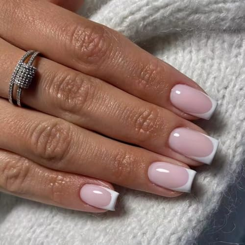 French Tip Press on Nails Square - 24pcs Nude Pink and White Fake Nails with Glue - Short Square False Nails for Women - Reusable Stick on Nails Kit - Elegant Daily Wear Acrylic Nail Art Set 12 Sizes
