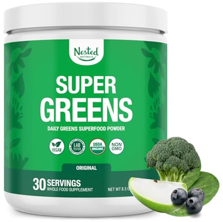 Nested Naturals Super Greens Daily Superfood Powder - Certified USDA Organic Green Powder w/20+ Whole Foods, Spirulina Powder,Wheat & Barley Grass - Probiotics, Fiber & Enzymes - Original Flavour, 30