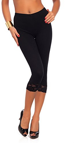 FUTURO FASHION Cropped 3/4 Lenght Cotton Leggings with Lace I Leg Side Floral Lace Capri Leggings I Sexy Summer Cropped Leggings I Sizes 8-22 UK