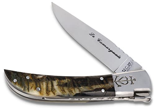 Le Camarguais 12 cm Taschenmesser 20074 Noir - Griff dunkles bis schwarzes Widderhorn mit Kruste - Klinge 10 cm Stahl 12C27-1 Backe