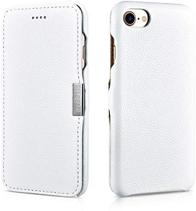 Mobiskin Hülle für iPhone SE 2022, 2020, 8, 7, Case mit Leder, Weiß | Handyhülle mit echtem Leder, Schutzhülle, dünne Handy-Tasche, slim Cover, Klapphülle, Etui seitlich aufklappbar, 4,7 Zoll