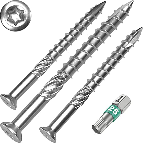 Terrassenschrauben 5 x 80 T-INOX 200 Stück Edelstahl gehärtet C1, Torx 25, inkl. Edelstahl Bit