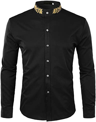 ZEROYAA Mens Hipster Gold Embroidery Mandarin Collar Slim Fit Long Sleeve Casual Dress Shirts Z52 Black X-Large