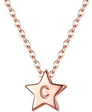 Clearine Stern Buchstabe Halskette 925 Initial Minimalist mit Mini Winzig Pentagram Star Anhänger C mit Liebe Herz Rückseite für Damen Mädschen RosaGold Ton