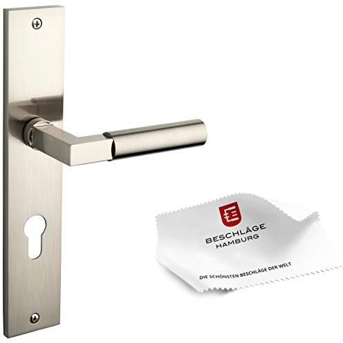 Beschläge Hamburg Türgriffe Türbeschlag GRO PRIME 20-04ZAMAK MMN PZ — Türklinken mit Profilzylinder Langschild für Büro/Kellertüren— Türdrücker für Innentüren, 45 x 245 mm in Matt vernickelt
