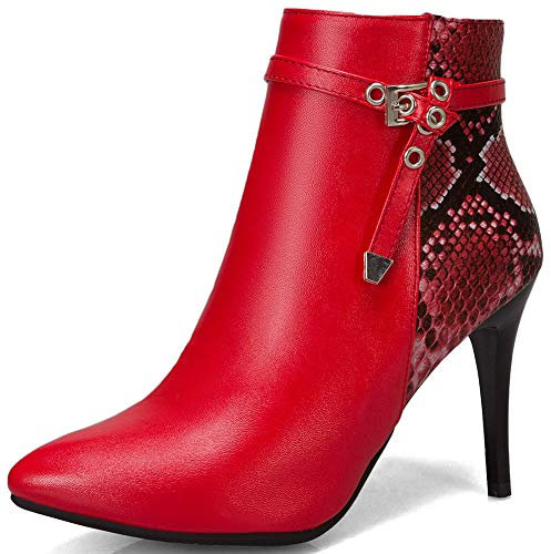 CYNLLIO Sexy Stiletto Tacchi Alti 9 cm Pelle di Serpente Stivaletti Alla Caviglia per Le Donne Pizzo A Punta Vestito Stivali Corti, 6 rosso., 36.5 EU