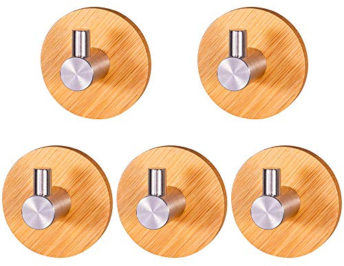 Handtuchhaken Holz, MOPOIN 5 Stück Handtuchhalter Holz Selbstklebende Haken 304 Edelstahl und Bambus Wandhaken Selbstklebend, Holz Bambus Wandhaken, Klebehaken für Wohnzimmer, Badezimmer, Schlafzimmer