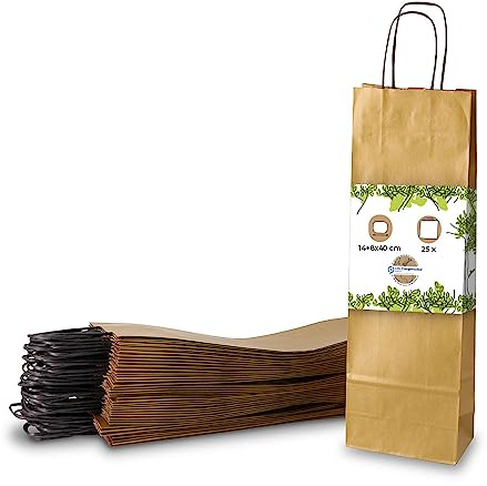 BIOZOYG Flaschentasche Geschenktüten 25 Stück 14 + 8 x 40 cm Gold - Papiertüten Weintasche kompostierbar nachhaltig - Flaschentüte Geschenkverpackung Wein Likör Rum