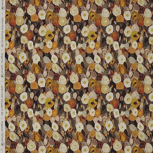 Kt KILOtela - Digitaldruck Half Panama 100% Bio-Baumwolle, Öko-Tex Standard 100 – Leinwand 100 cm Länge x 280 cm Breite, Blumenjacke, Orange, Gelb, 1 Meter