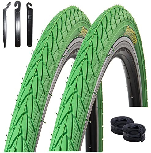 2 x Roverstone Fahrradreifen Drahtreifen Grün 28 x1,4 (37-622) + 2 Schläuche DV inkl. Reifenheber