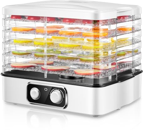 Deshidratador de Alimentos, Temperatura Ajustable (35-70 ℃), Deshidratador de Frutas y Verduras con 5 Bandejas Ajustables, para Frutas, Carnes, Verduras y Hierbas, Receta