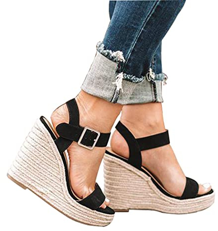 HIONRE Sandales avec Plateforme Chaussures de Voyage Confortables,Sandales en Corde de Chanvre de Paille, Sandales à Plateforme compensée, Noir, 39,Chic Cuir Plateforme Bout Ouvert