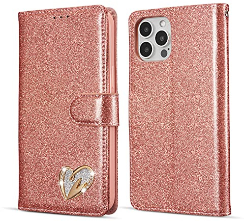 QLTYPRI Wallet Case for iPhone 14 Pro, Glitter PU Leather TPU Bumper Card Holder Kickstand Wrist Strap Inlaid Heart Diamond Flip Folio Cover for iPhone 14 Pro - Rose Gold