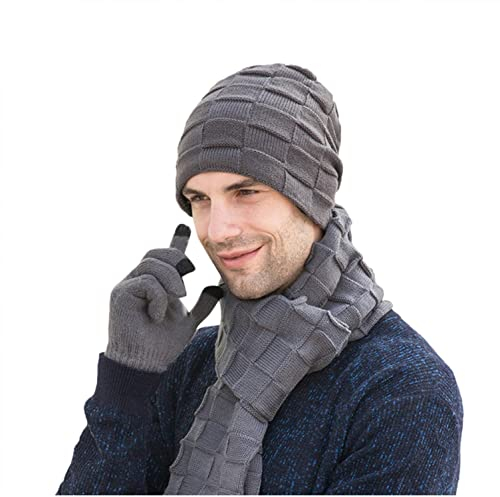 IQYU Mütze Schal Handschuhe Set Damen/Herren Wintermütze Und Schlauchschal, Winter/Set MüTze & Schal FüR Männer,Wintermützen, Herrenmütze, StrickmüTze,Schal,Wollhandschuhe,Set Beanie Mütze