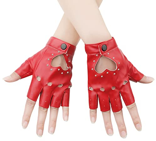 KINBOM 1 Pair Half Finger Leather Gloves, Stylish Fingerless Leather Gloves with Rhinestone Biker Punk Gloves for Halloween Women Girls Cosplay Performance (Red)