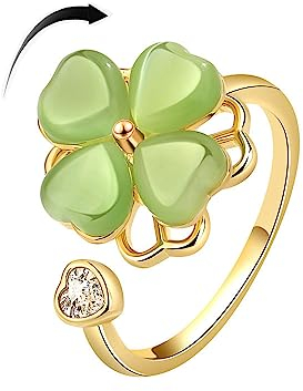 IMINI Bague tournante verte trèfle 4 feuilles oxyde zirconium cœur œil de chat fleur empilable réglable soulagement stress promesse éternité bijou