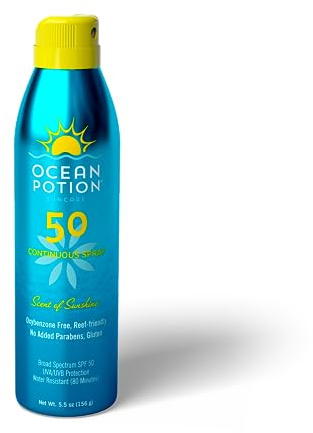 Ocean Potion Sun Care Continuous Sunscreen Spray SPF 50, Broad Spectrum UVA/UVB Protection Body Spray with Vitamin E & Aloe, Non-Greasy, Water-Resistant, 5.5 oz