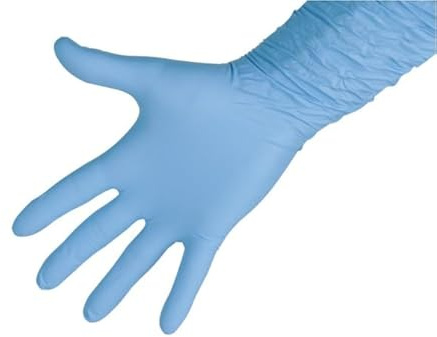 Keron Nitril-Einmalhandschuhe Premium Plus, Einweghandschuhe | 50 Stück, Größe L, blau, ungepudertes Nitril, 30 cm Länge, chemikalienbeständig, für Melkarbeiten