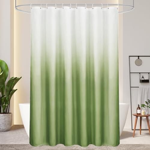 AooHome Duschvorhang 180X200cm Textil, Grün Duschvorhänge 120g/m² Farbverlauf Badvorhang Wasserdicht Waschbar Antischimmel mit 12 Duschvorhangringen(Weiß nach Grün)