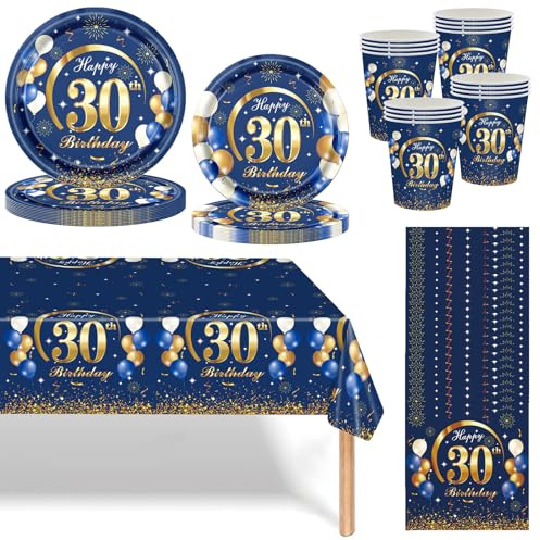 Navy Blue Gold 30th Birthday Party Tableware Set - 69pcs Dinnerware With Plates, Cups, Napkins and Tablecloth for Women Men 30 Years Old Gifts Party Supplies