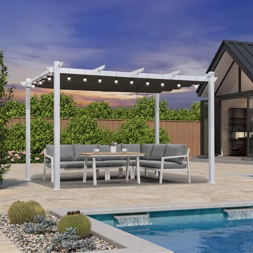 PURPLE LEAF Pergola Aluminium 4 x 3 m avec 24 Guirlande Lumineuse Exterieure Pergola Jardin Extérieur Toit Coulissante Métal Blanc, Gris