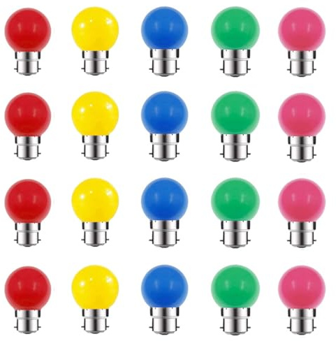 ZFQ B22 Bayonet Colored LED Light Bulbs 2W G45 Golf Ball Mini Globe Bulbs for Outdoor String Patio Garden Party Christmas, Halloween Wedding Party Decoration, 20 Packs, Red Yellow Blue Green Pink