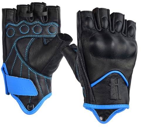 Harssidanzar Guanti da moto senza dita da donna,protezione contro le nocche guida motociclista guanti da moto touchscreen vera pelle di capra KL022,Nero Blu,Taglia M