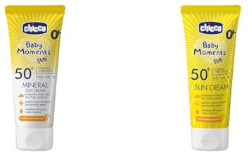 Chicco Set Protezione Solare da Viaggio, Crema Solare SPF50+ 75ML e Crema Solare Minerale SPF50+ 75ML, per la Pelle Sensibile del Bambino, Resistente all'Acqua, 0 Mesi+