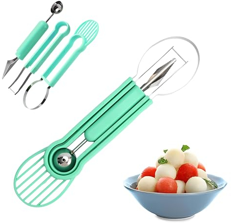 Ensemble de cuillère à melon, forme de couteau à fruits 4 en 1, cuillère à melon d'eau cuillère à fruits et boule, outil de sculpture de fruits (Vert)