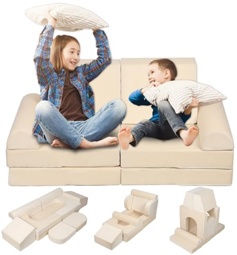 tinysiry Modular Kids Play Couch,Kids Couch for Playroom Detachable Toddler Play Sofa,2 in 1 Kids Kids Sofa Bed Couch Building Fort with Sponge Filling Indoor Toddler Couch for Boys Girl Beige