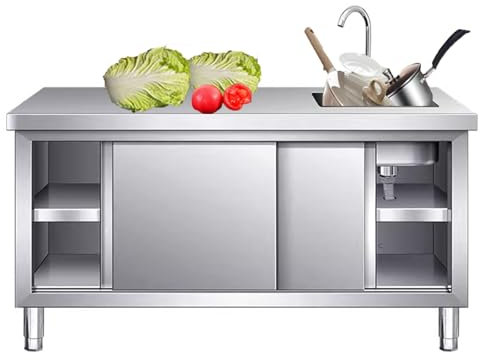 Edelstahl-Spülenschrank Freistehender Lagerschrank Mit Wasserhahn Linkes Spülbecken Und Rechtes Deck for Außengarage Gewerbliches Restaurant Waschküche(100x60x80cm)