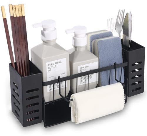 TDSYDS Spülbecken Organizer,Schwammhalter Küche,Sink&Spüle Organizer Schmal Mit Abnehmbarem Handtuchhalter/Aufbewahrungsbox,Abwasch Organizer,Spülutensilien