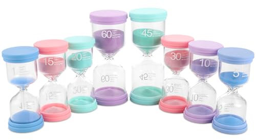 MIVIDE 8 Pcs Sablier Coloré, 1/5/10/15/20/30/45/60 Minutes Sablier 4 Couleurs, Sablier Colore Kit pour Enfant, Jeux, Cuisine, Exercice, Etude
