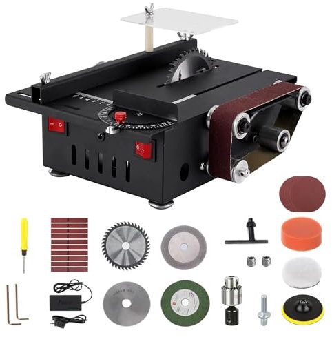 Mini Sega Circolare da Tavolo, Sega Circolare Compatta con Levigatrice a Nastro, 200W Multifunzionale Portatile per DIY, Segada Tavolo Miniatura con 4 Lame, Profondità di Taglio 0,1-30mm per Lavori