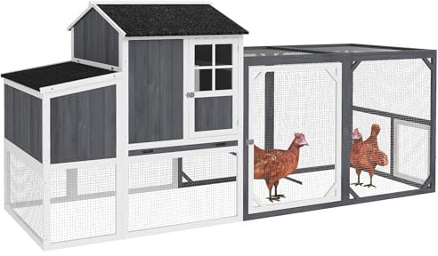 PawHut Hühnerstall Hühnerhaus aus Holz 236,5 x 91 x 114 cm, Freilaufgehege mit Tür, Nistkasten, Asphaltdach, 2 Sitzstangen, Auslauf, Rampe, Hühnergehege für 3-4 Hühner, für Garten, Grau