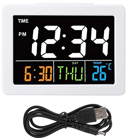 NOENNULL Bordsklocka, digital klocka, färg, stor LCD-skärm, elektronisk skrivbordsklocka med temperatur- och datumvisning (vit)