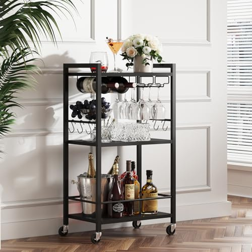TUTOTAK Barwagen mit Rollen, Mini Getränkewagen mit Weinregal & Glashalter | 3-stöckige 43,2 cm breite Home Bar Servierwagen, kleines mobiles Küchenregal mit 6 Haken, Schwarz V1BC01BK035