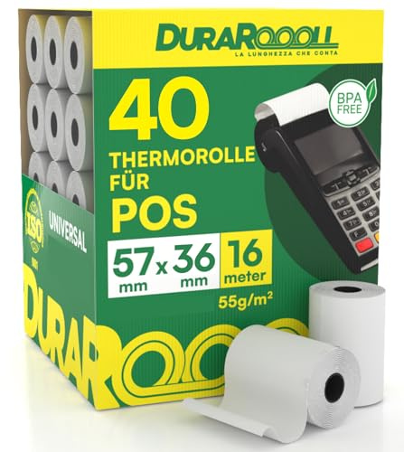 40 Rouleaux Papier TPE CB Bobines Thermiques DuraRoooll - Rouleaux Caisse POS 57mmx36mmx16m Compatibles Avec Nexi SumUp Pax Axerve Ingenico pour Tickets et Justificatifs Bancomat Cartes de Crédit