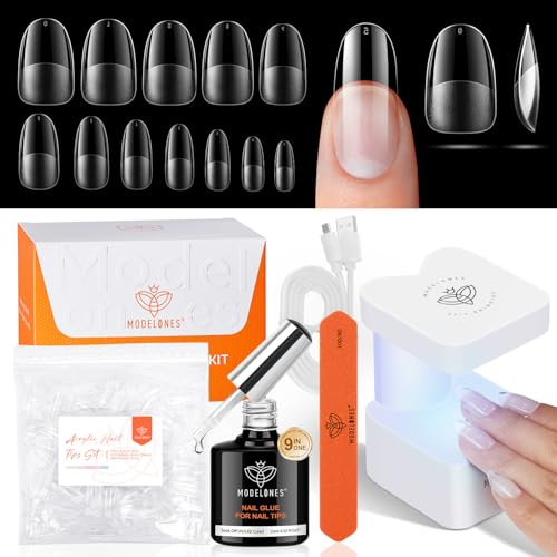 modelones Nageltips and Glue Gel Kit, Medium Oval Full Cover Nail Tips Set, 9 in One Nagelkleber & Mini Uv Lampe für Nägel, 216 Pcs 12 Größen Nagel Tips Set für Nagelverlängerung DIY Salon Geschenke