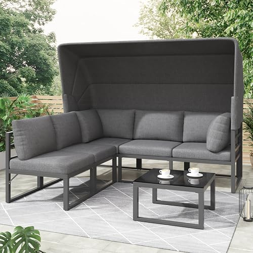 Jtyca Gartenmöbel Set, Balkon Möbel mit Markise 4er Set, Lounge Möbel Outdoor, Iron Sunny Island Sitzgruppe, Terassenmöbel Außen, Wetterfest, Inklusive Aller Kissen, Grau