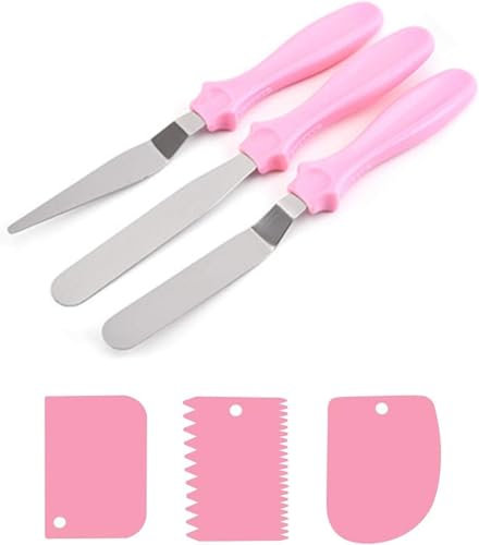 6 Pezzi Spatola Angolata per la Decorazione di Torte, Il set comprende 3 Spatola per Dolci e 3 Coltello Paletta per Glassa, Spatole per Glassa Rosa, Spatole per Pasticceria per Spalmare La Crema
