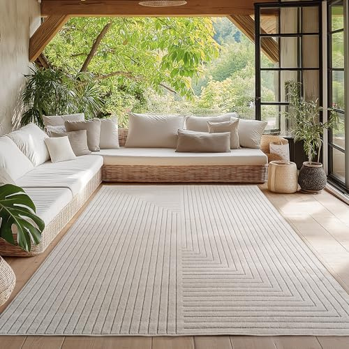 HomebyHome Kurzflor Teppich 140x200 cm Creme Wohnzimmer, Schlafzimmer, Küche, 3D Hoch-Tief-Effekt, Skandinavisch Boho Motiv, für Outdoor Bereich geeignet Terrassen oder im Balkon