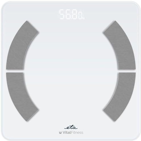 ETA Báscula de análisis corporal Vital Fitness con aplicación, 18 lecturas incluyendo grasa corporal e IMC | Smart Bluetooth Balanza con superficie de cristal | aplicación ETA Smart | hasta 180 kg